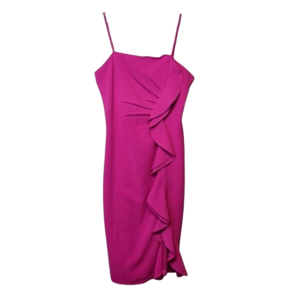 idem ditto Women's Hot Pink/Fuschia Ruched Bodice Ruffled Midi Dress